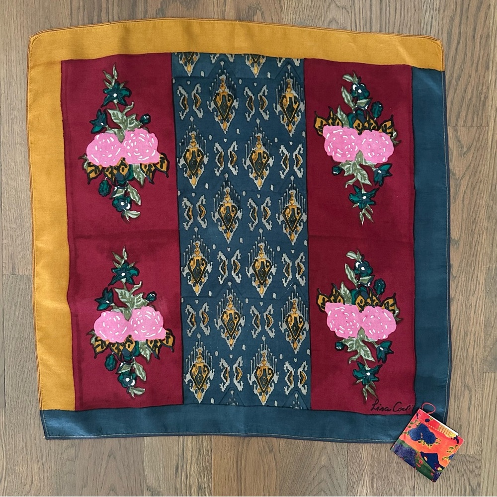 NWT Lisa Corti 100% Silk Pocket Square Scarf Geometric Floral Print 50cmx50cm